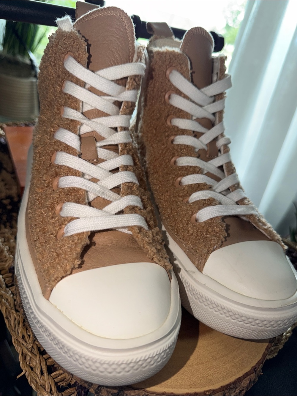 Women’s Tan Sherpa High-Top Lace-Up Sneakers